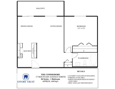 A floor plan of a 1 bedroom apartment in The Commodore.